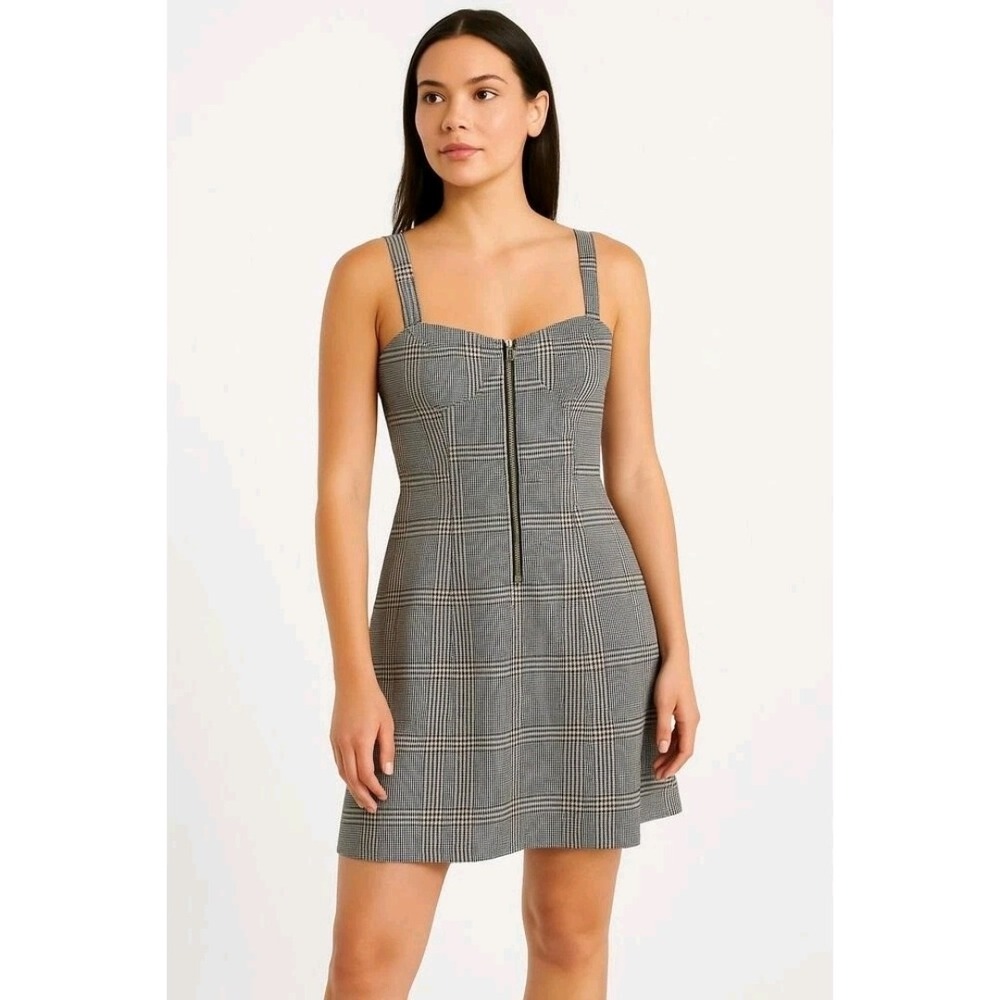 Women's XST Abercrombie & Fitch Grey Plaid Front Zip Mini Dress‎ Sweetheart Neck